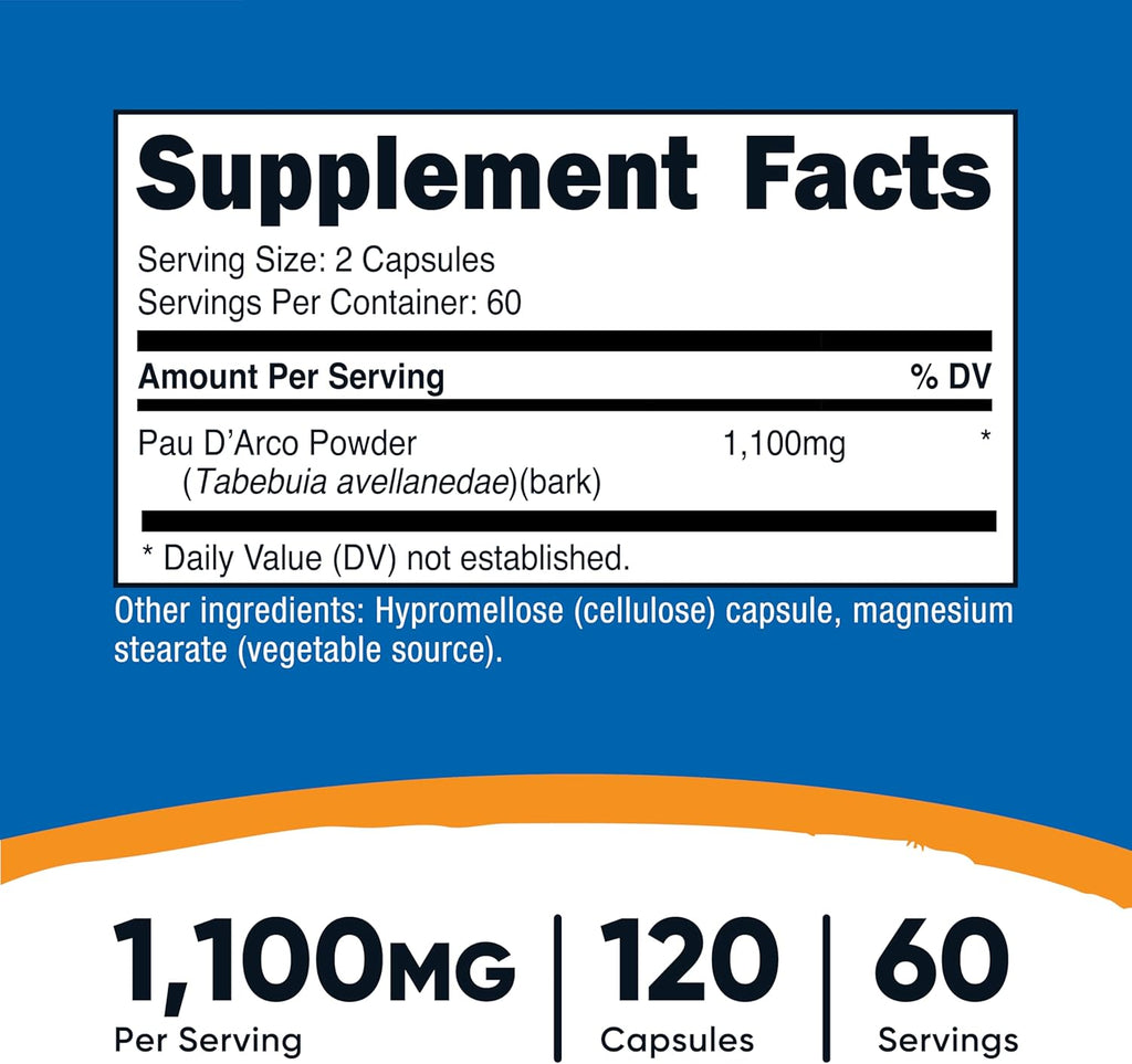 Nutricost Pau D'Arco Corteza Interior 1100mg, 120 Cápsulas Vegetarianas (60 Dosis) - No Transgénico y Sin Gluten