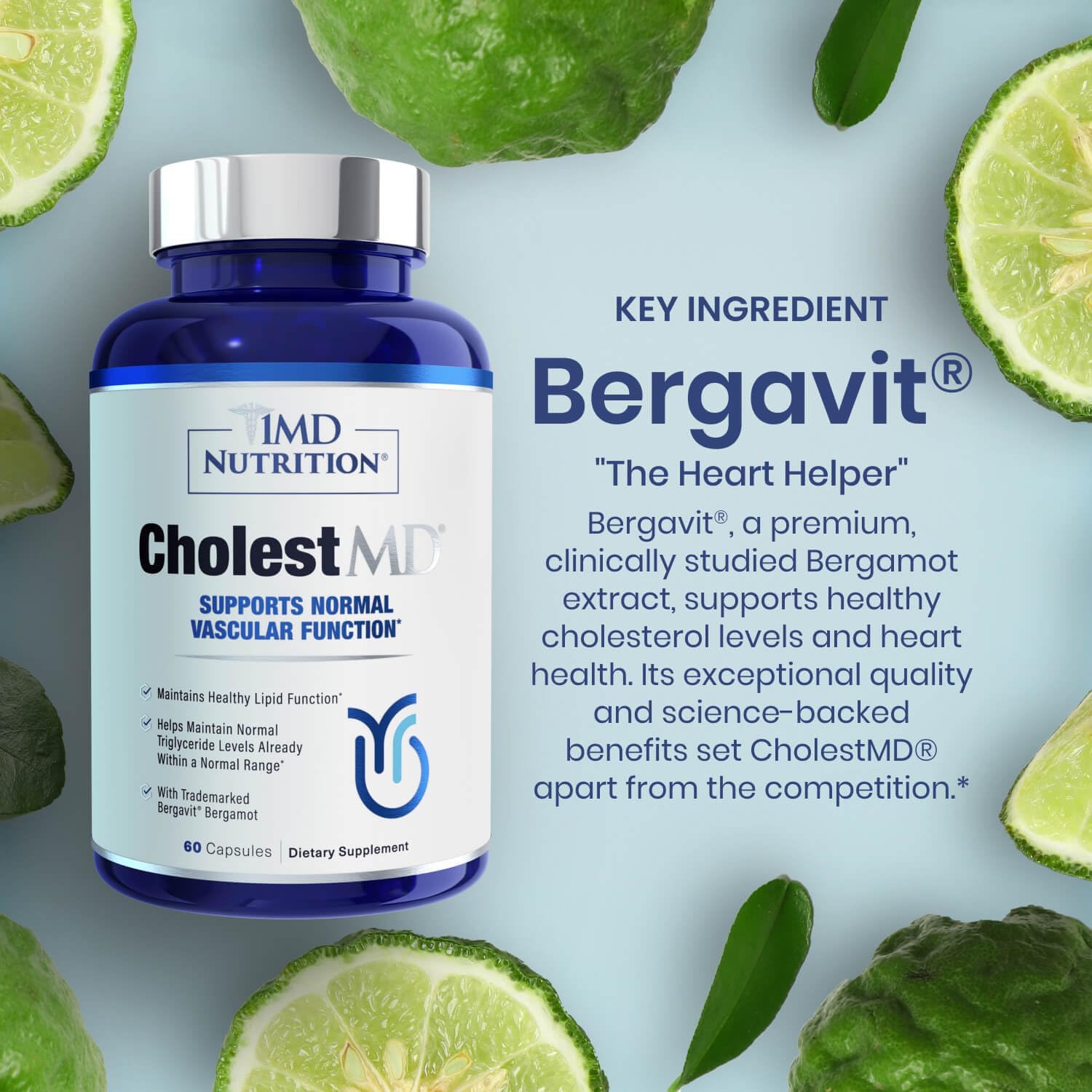 1MD Nutrition CholestMD con extracto de hoja de olivo, Bergavit, Niacina y Ajo | 60 cápsulas