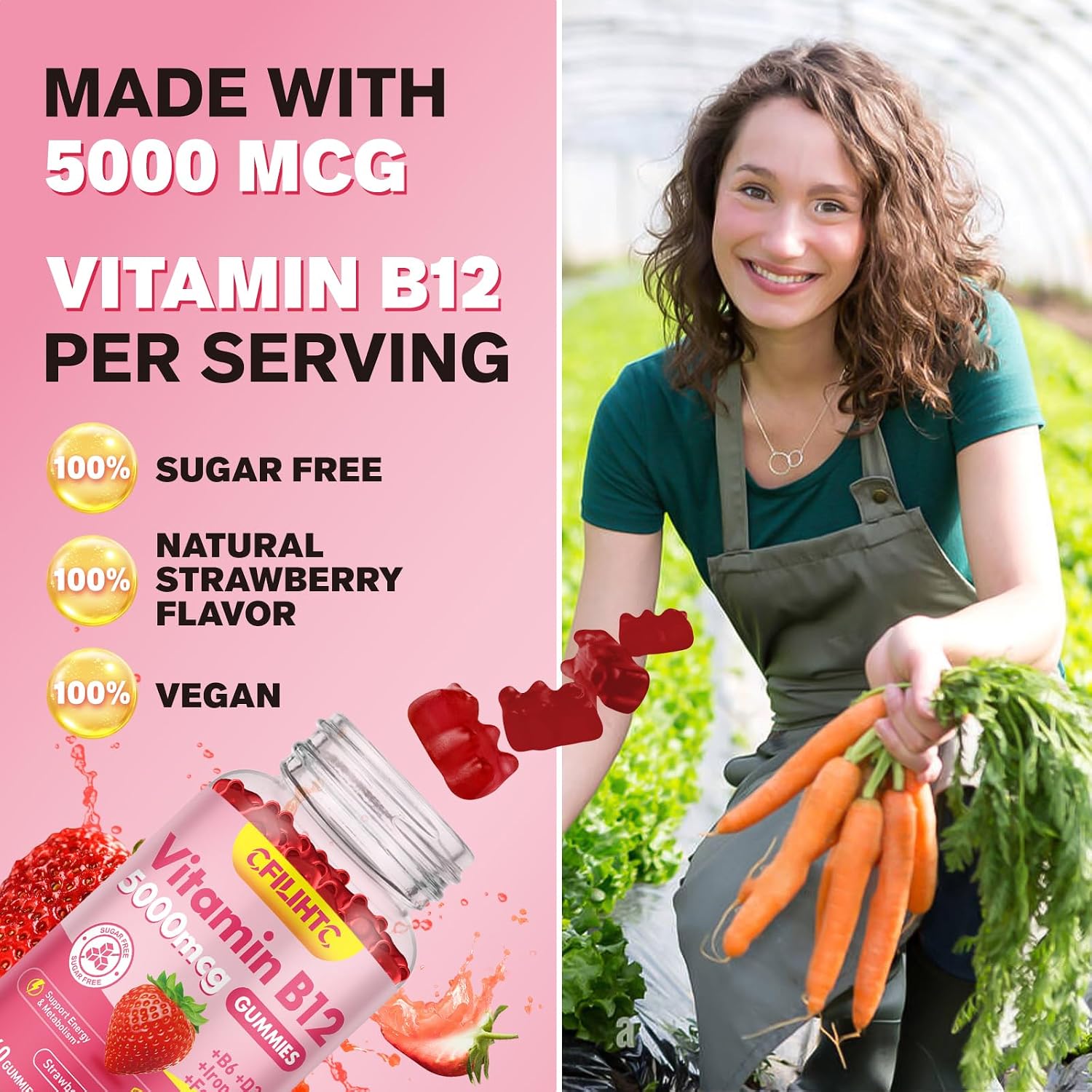 Gominolas de Vitamina B12 5000 mcg (Metilcobalamina) con B6, D3, Hierro y Folato - Sin Azúcar - Sabor Fresa