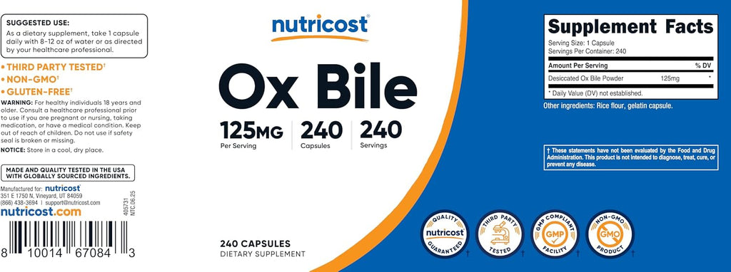 Nutricost Cápsulas de Bilis de Buey 125mg, 240 Cápsulas - No Transgénico