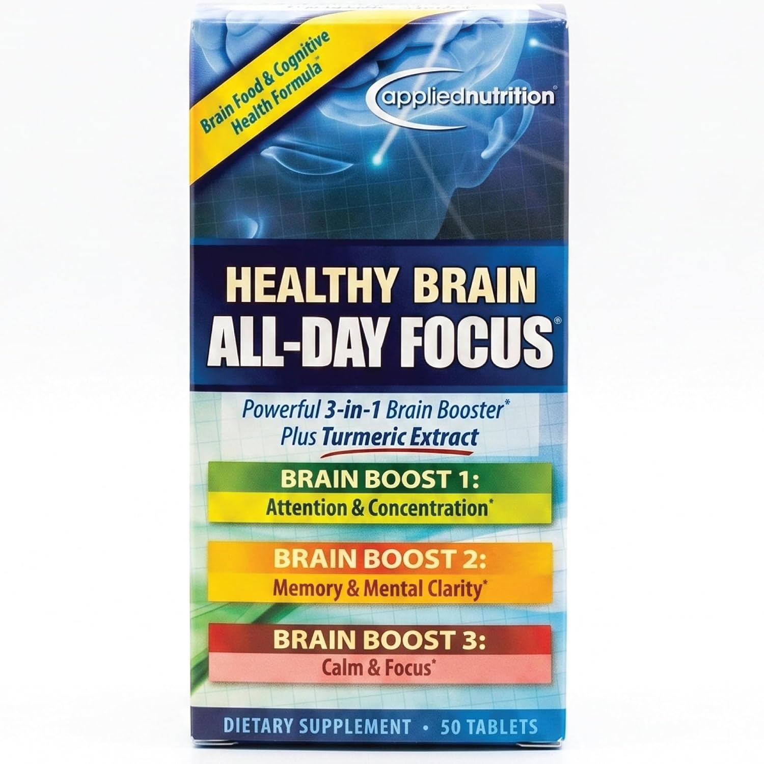 Applied Nutrition Healthy Brain All Day Focus – Concentración Todo el Día, 50 Comprimidos (Pack de 3)