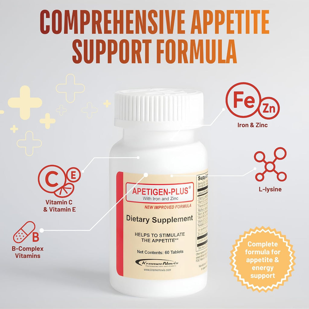 Apetigen-Plus Estimulante del Apetito – Multivitamínico con Hierro, Zinc y L-Lisina – 60 Comprimidos