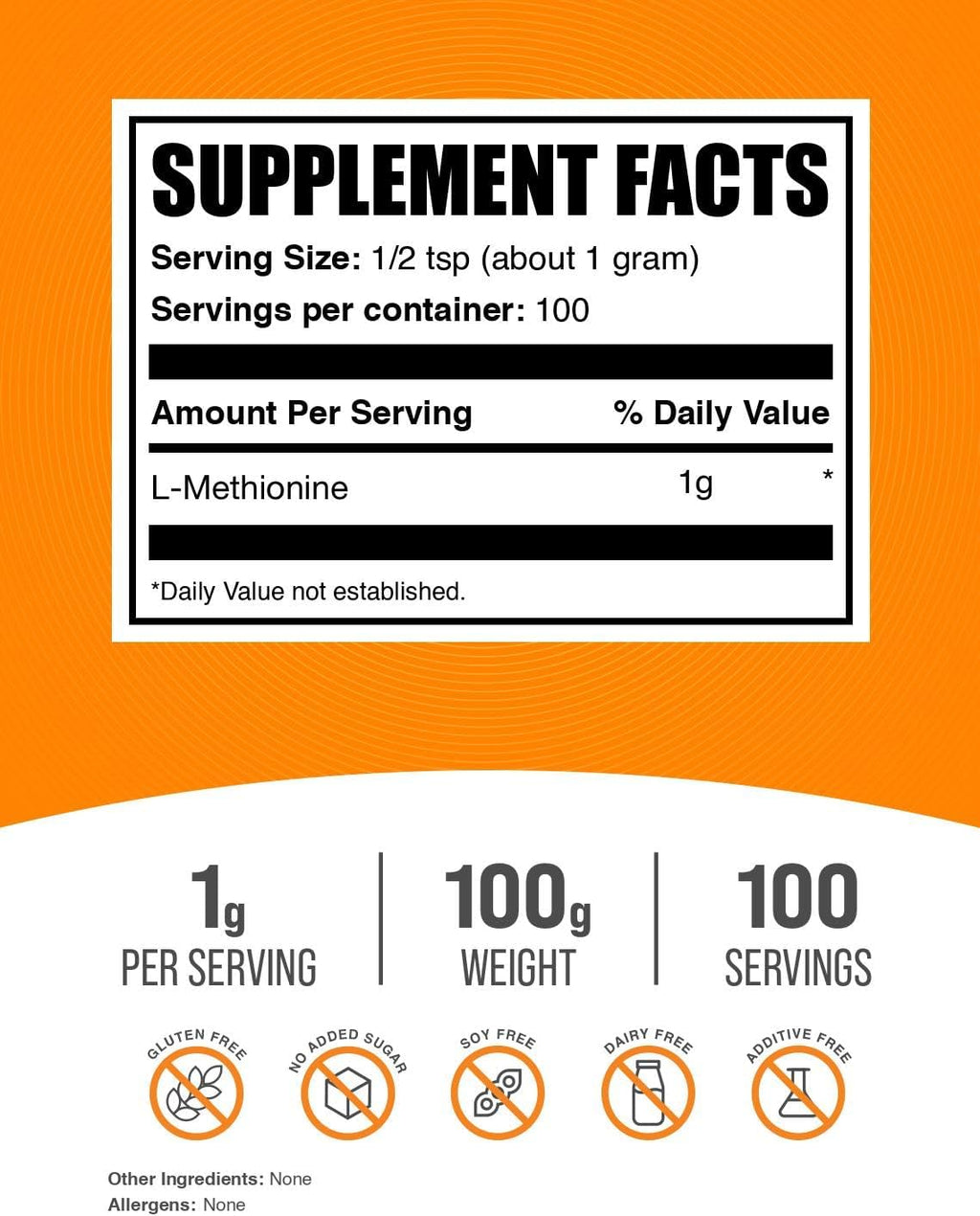 BulkSupplements L-Metionina en Polvo, 100g - Suplemento de Aminoácidos