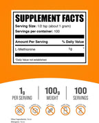 BulkSupplements L-Metionina en Polvo, 100g - Suplemento de Aminoácidos
