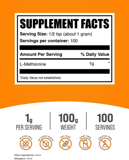 BulkSupplements L-Metionina en Polvo, 100g - Suplemento de Aminoácidos – Image 2