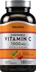 Piping Rock Vitamina C 1000mg Comprimidos Masticables con Rosa Mosqueta, Sabor Naranja, 180 Unidades