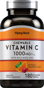 Piping Rock Vitamina C 1000mg Comprimidos Masticables con Rosa Mosqueta, Sabor Naranja, 180 Unidades