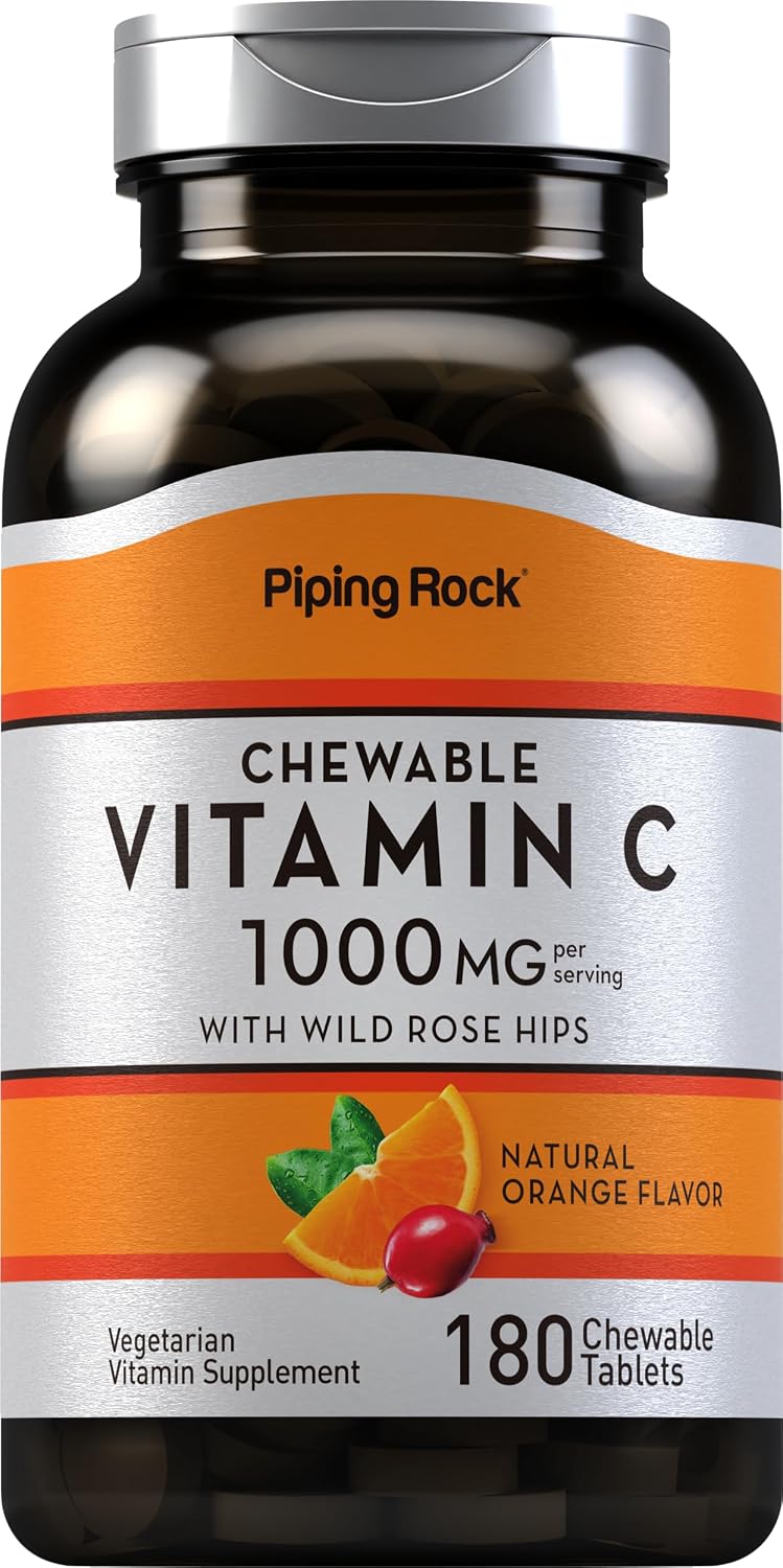 Piping Rock Vitamina C 1000mg Comprimidos Masticables con Rosa Mosqueta, Sabor Naranja, 180 Unidades