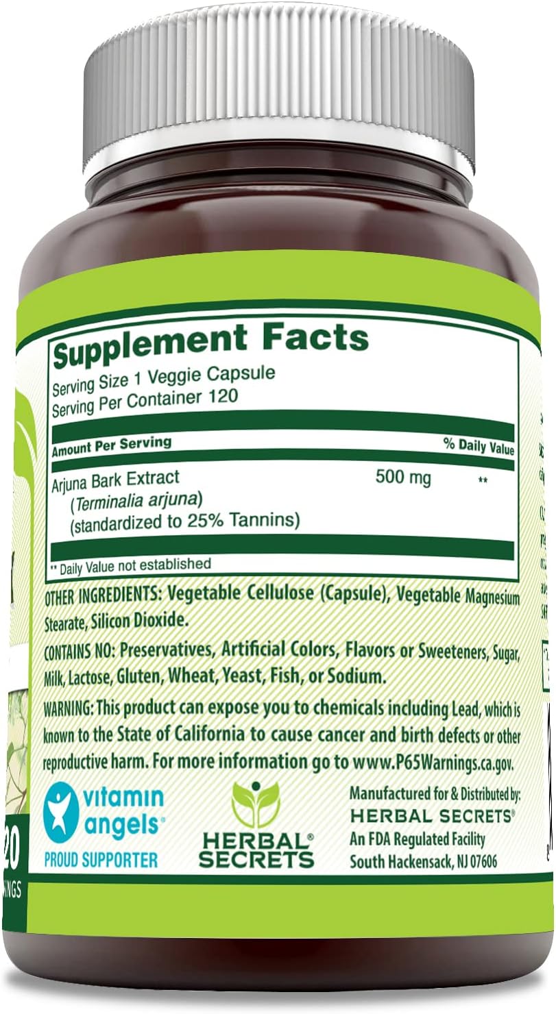 Herbal Secrets Extracto de Corteza de Arjuna 500 mg - 120 Cápsulas Vegetales - Sin OGM, Sin Gluten