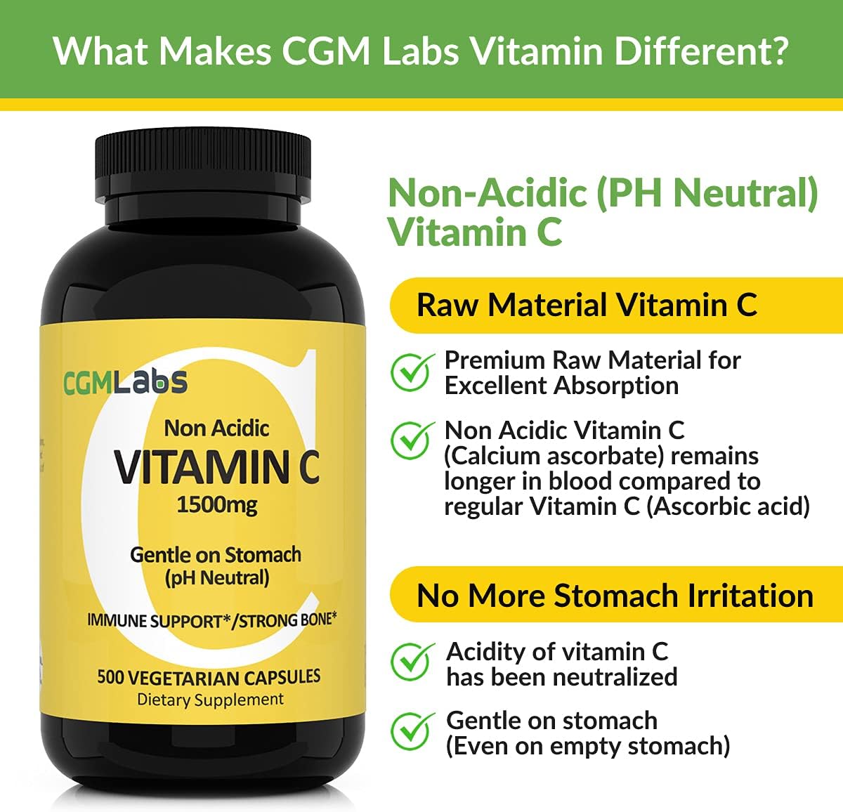 CGMLABS Vitamina C No Ácida 1500mg con Calcio - 500 Cápsulas