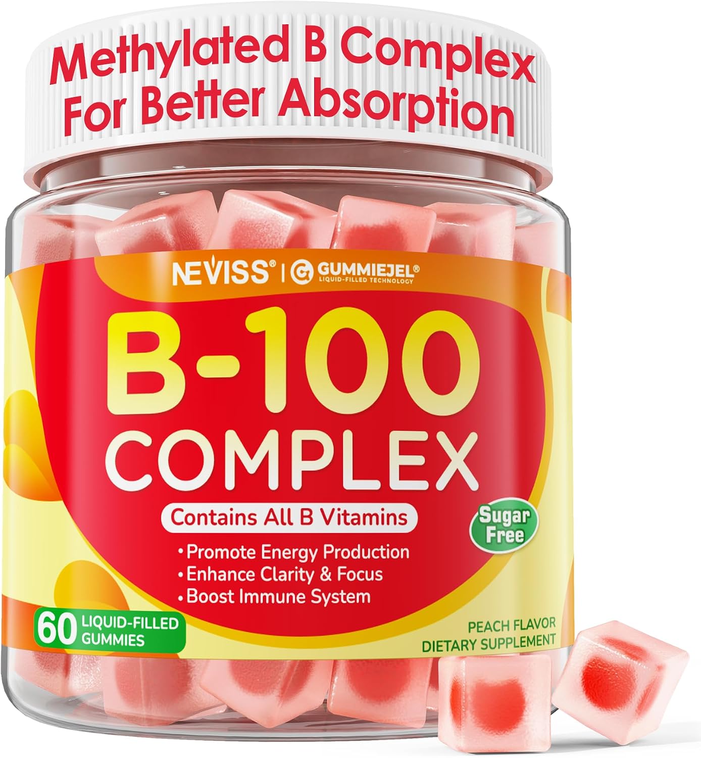 Super Vitamin B Complex Gummies - Complejo B Metilado con Vitamina C, Colina, Inositol y PABA - 60 Gominolas Veganas