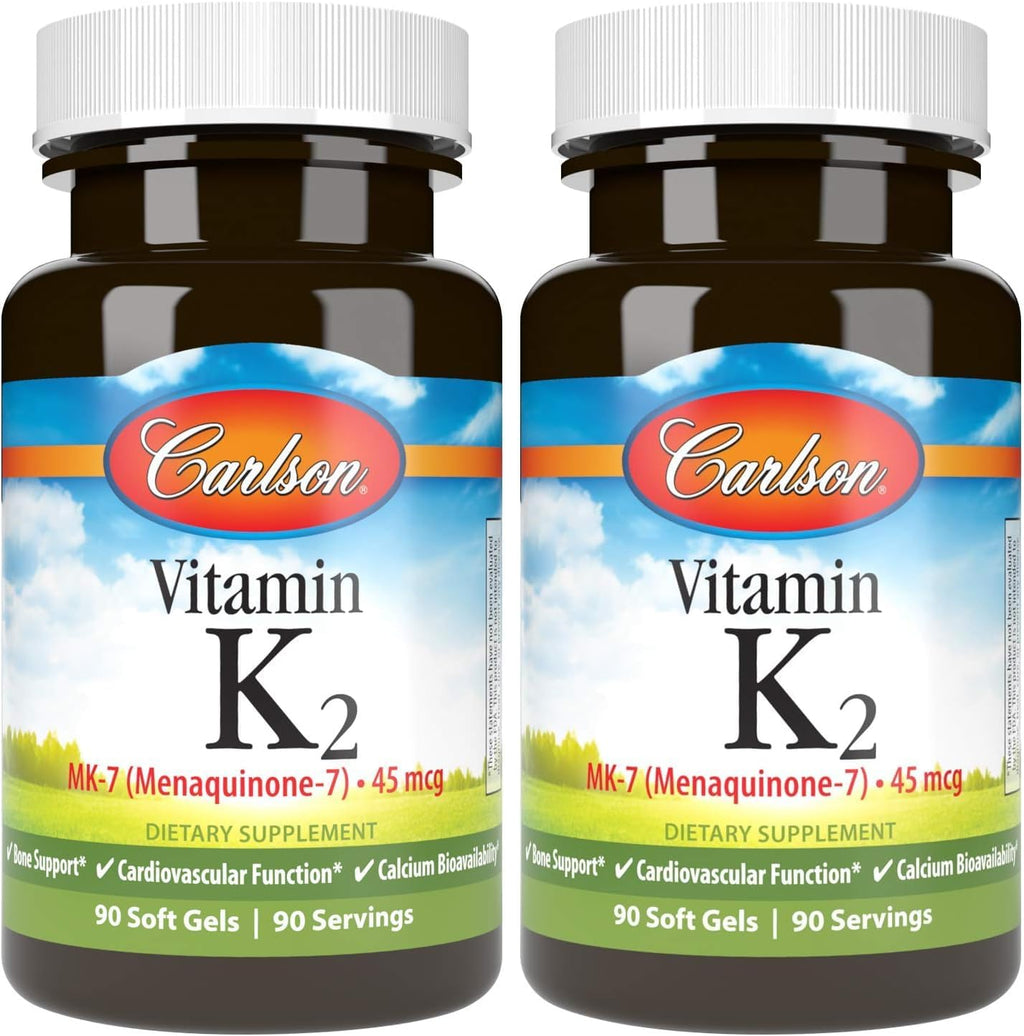 Carlson - Vitamina K2 MK-7 (Menaquinona), 45 mcg, Soporte Óseo, Biodisponibilidad del Calcio, Vitamina K2, 90 Cápsulas Blandas