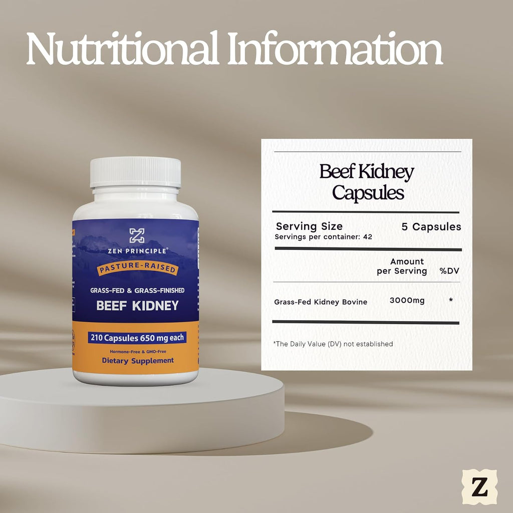 Zen Principle – Suplemento de Riñón de Ternera Grass-Fed (210 Cápsulas, 3000 mg)