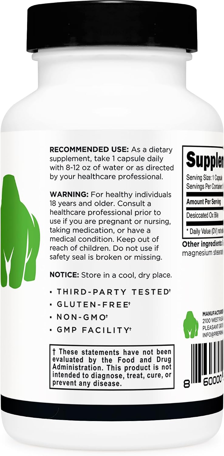 Primal Ox Bile (120 Cápsulas, 500 mg por Porción) – Sin Gluten, Sin OGM, Probado por Terceros
