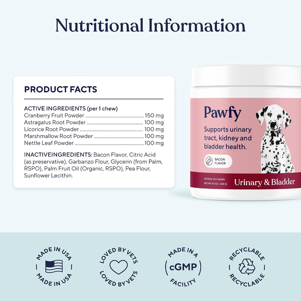 Pawfy Complemento Urinario para Perros | Arándano y D-Mannosa | Salud de la Vejiga y Tracto Urinario | 30 Masticables