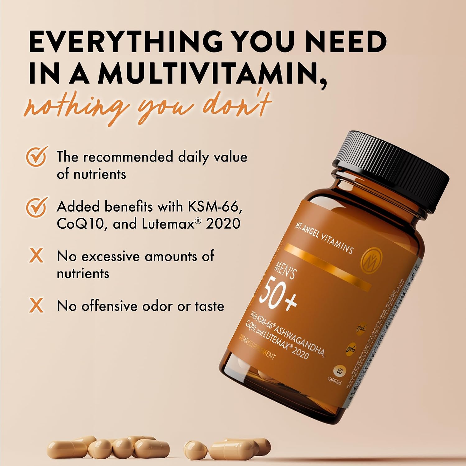 Mt. Angel Vitamins - Multivitamínico Diario para Hombres 50+ con Hierro, Calcio y KSM-66 Ashwaganda, 60 Cápsulas