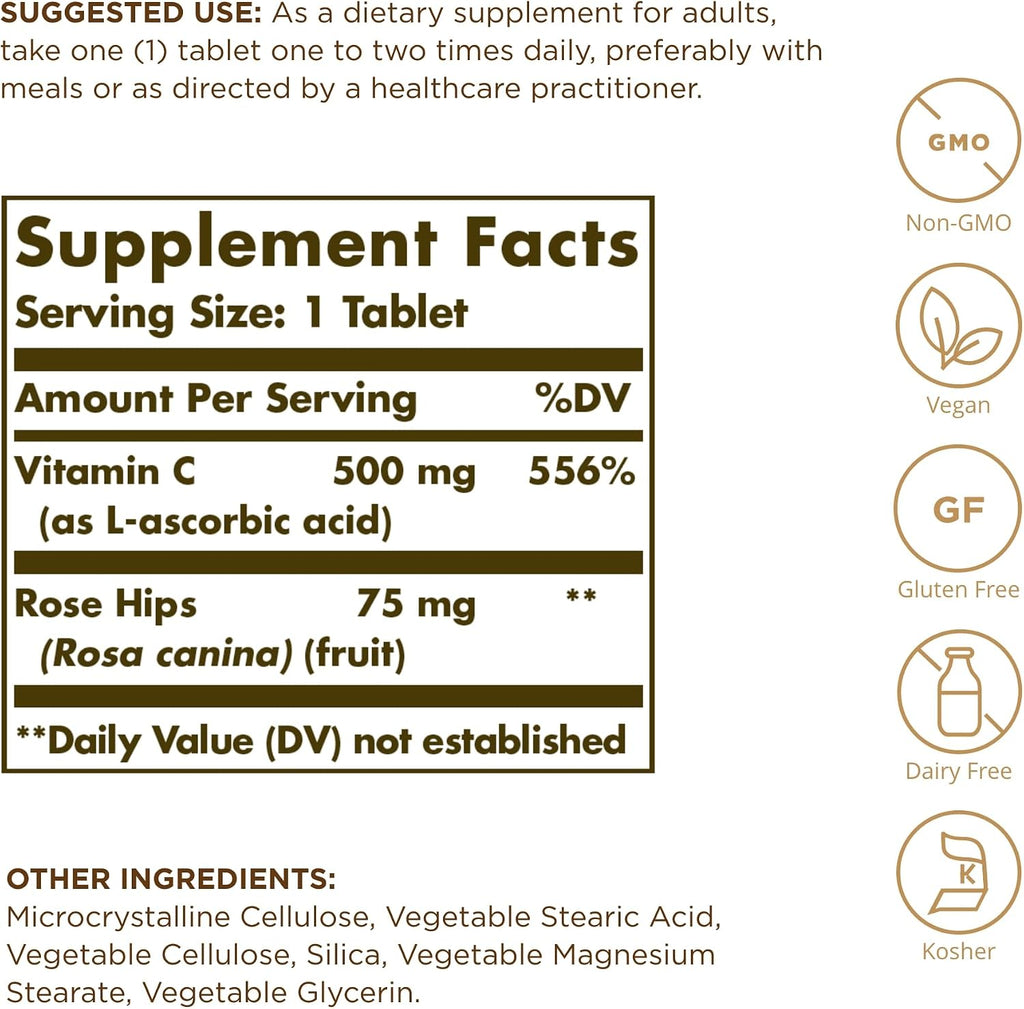 Vitamina C 500 mg con Escaramujo – Solgar – 100 Comprimidos