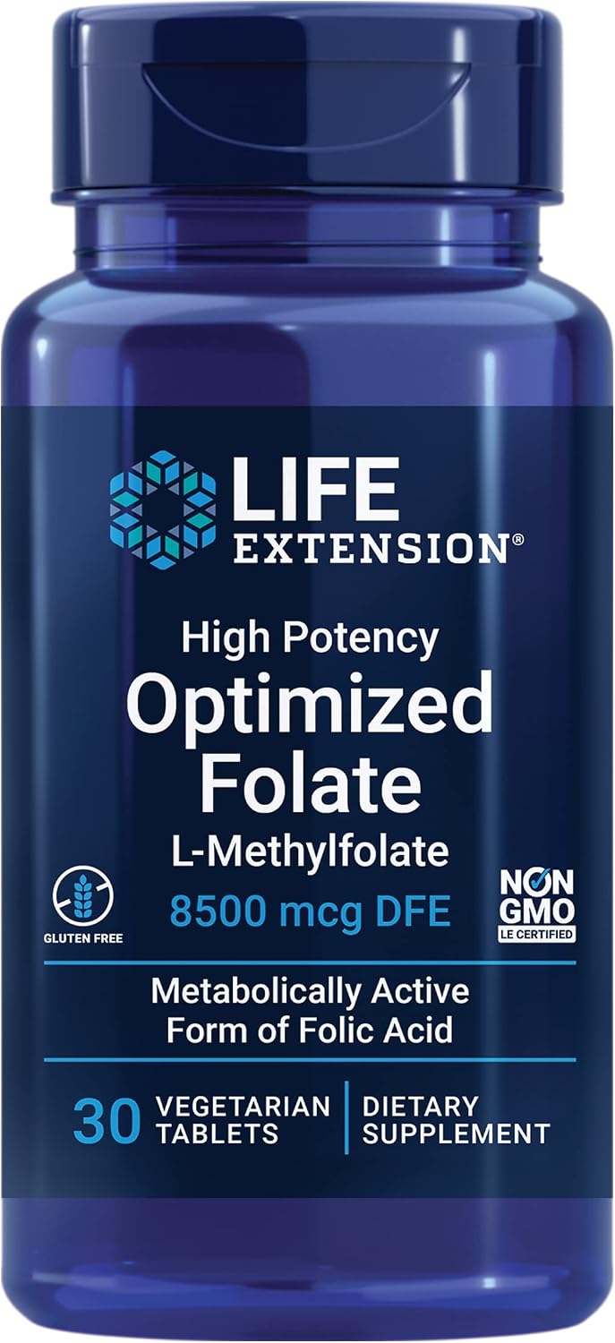 Life Extension High Potency Optimized Folate - L-metilfolato 8500 mcg DFE - Complemento de Folato Activo - 30 Comprimidos