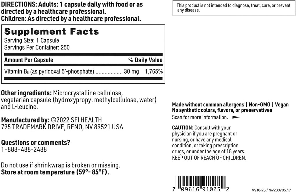 Klaire Labs SFI Health P-5-P - 30 mg Bioactive Vitamin B6 (Pyridoxal-5-Phosphate) - 100 Capsules