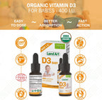 Land Art – Gotas de Vitamina D3 Orgánica para Bebés – 400 UI por gota – 490 Dosis – Sin OGM y Sin Gluten – 13 ml