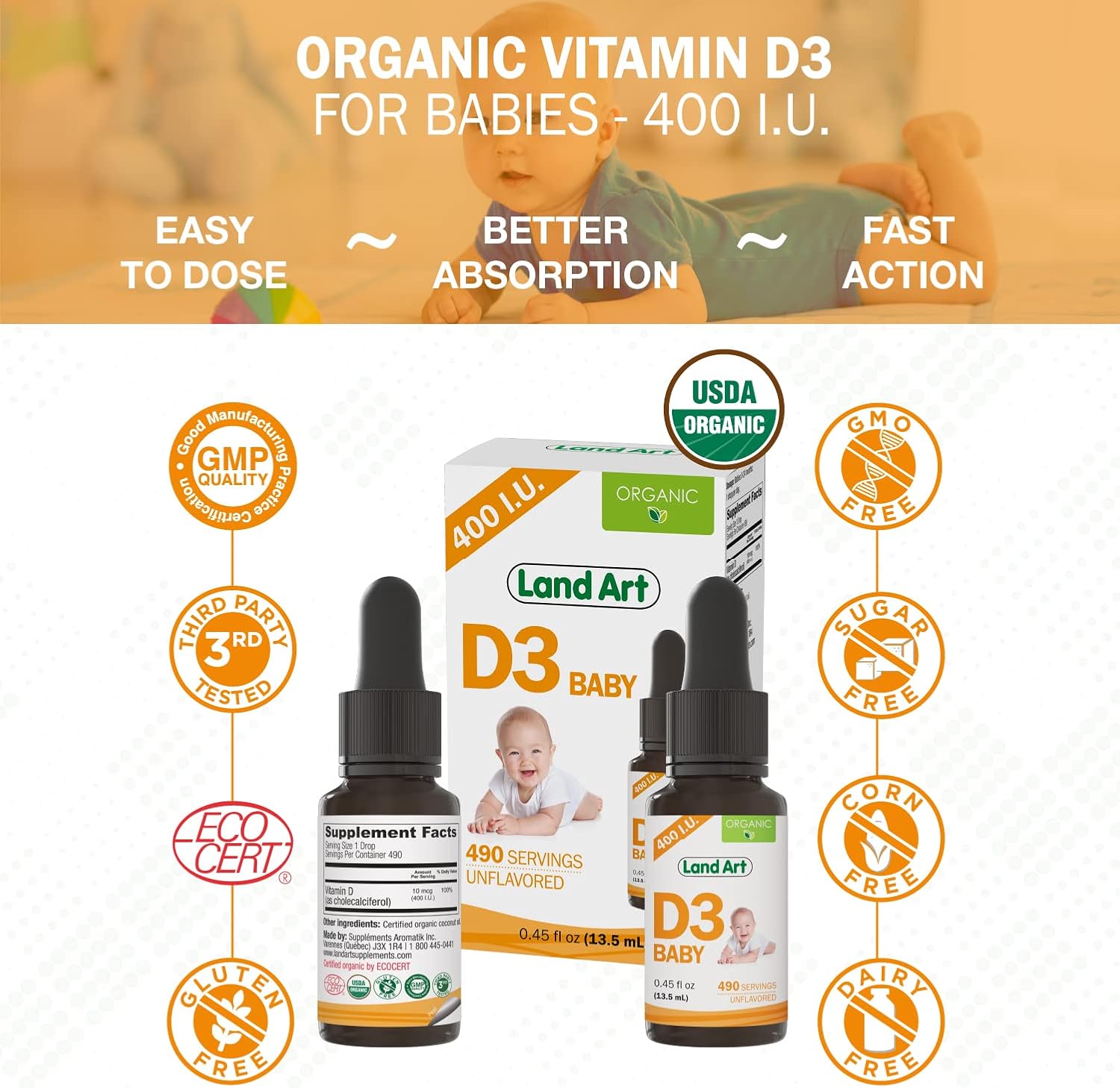 Land Art – Gotas de Vitamina D3 Orgánica para Bebés – 400 UI por gota – 490 Dosis – Sin OGM y Sin Gluten – 13 ml