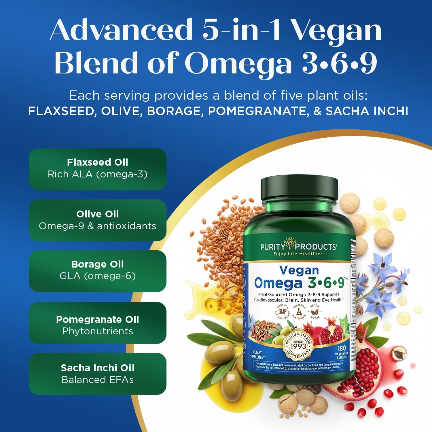 Purity Products Omega 3-6-9 Vegano - Complejo 5 en 1 de Ácidos Grasos Esenciales - 180 Cápsulas Blandas