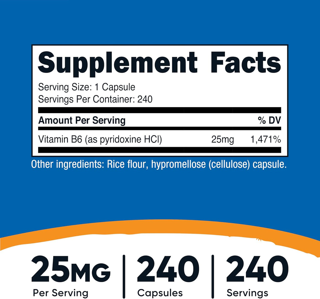 Nutricost Vitamin B6 (Pyridoxine HCl) 25mg, 240 Cápsulas - Sin OGM, Sin Gluten y Apto para Vegetarianos