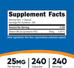 Nutricost Vitamin B6 (Pyridoxine HCl) 25mg, 240 Cápsulas - Sin OGM, Sin Gluten y Apto para Vegetarianos