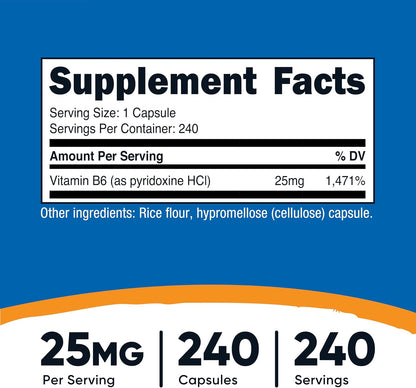Nutricost Vitamin B6 (Pyridoxine HCl) 25mg, 240 Cápsulas - Sin OGM, Sin Gluten y Apto para Vegetarianos – Image 2