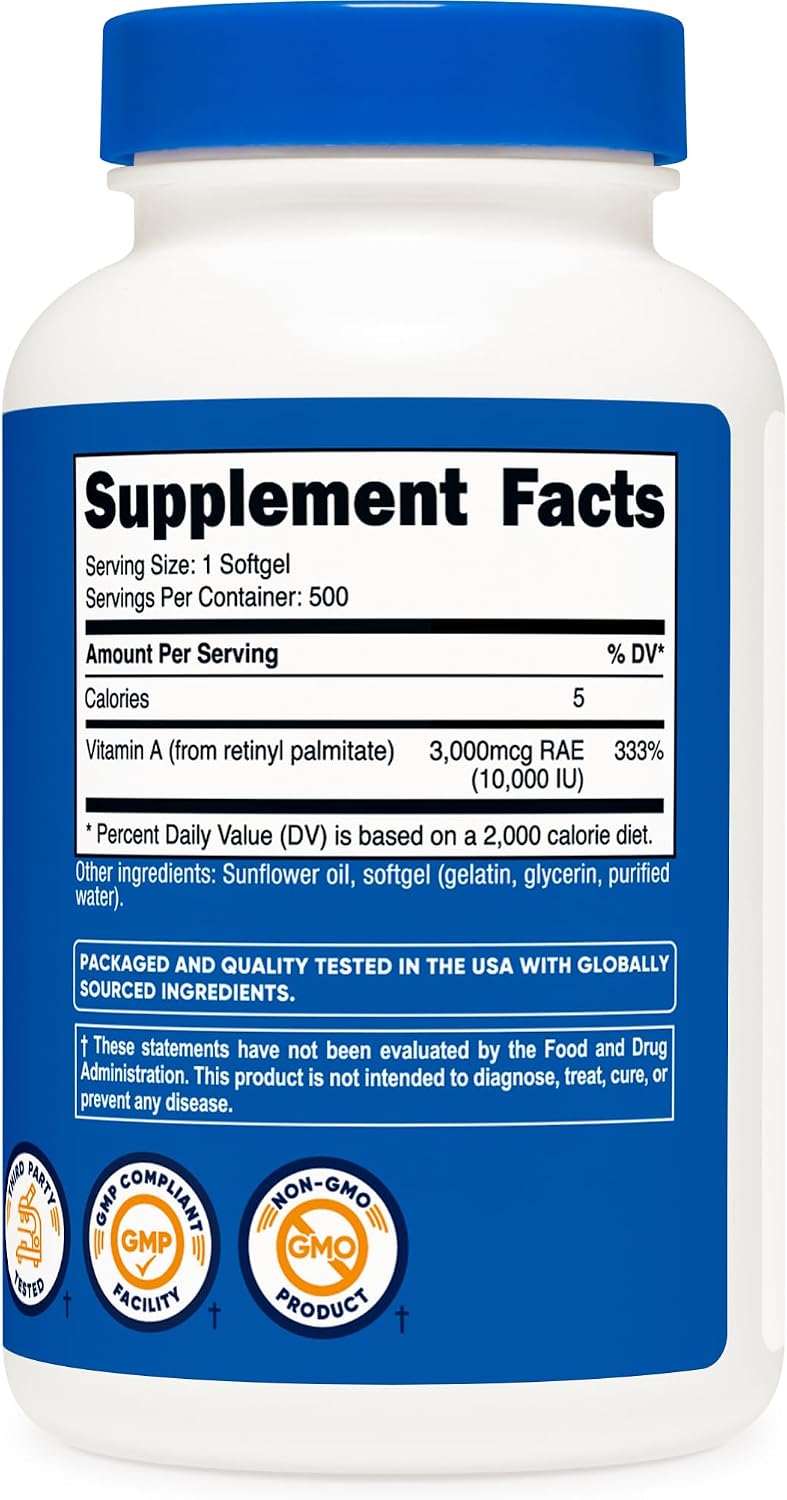 Nutricost Vitamina A 10.000 UI, 500 Cápsulas Blandas (3 Frascos)