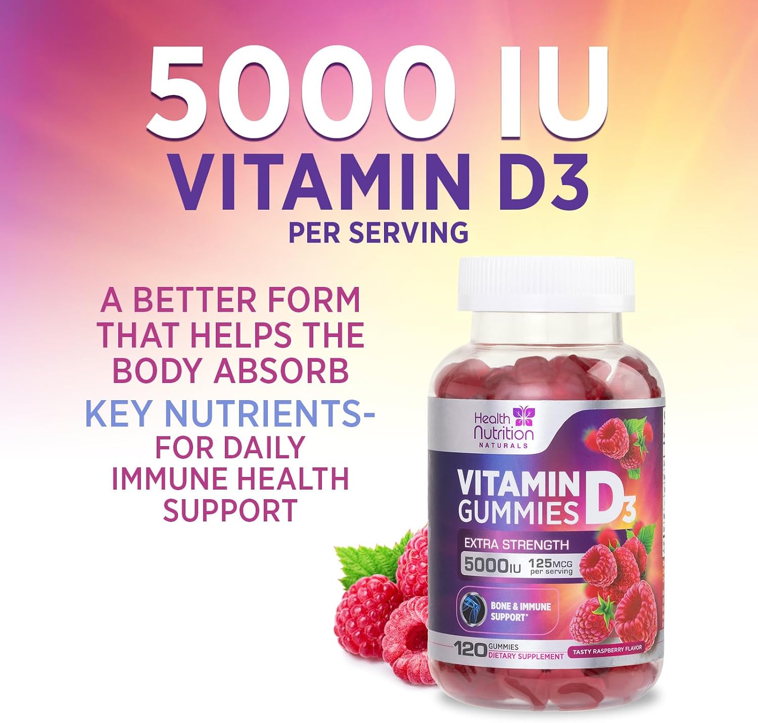 Vitamin D3 Gummies 5000 IU - 120 Gominolas de Vitamina D3 con Sabor a Frambuesa