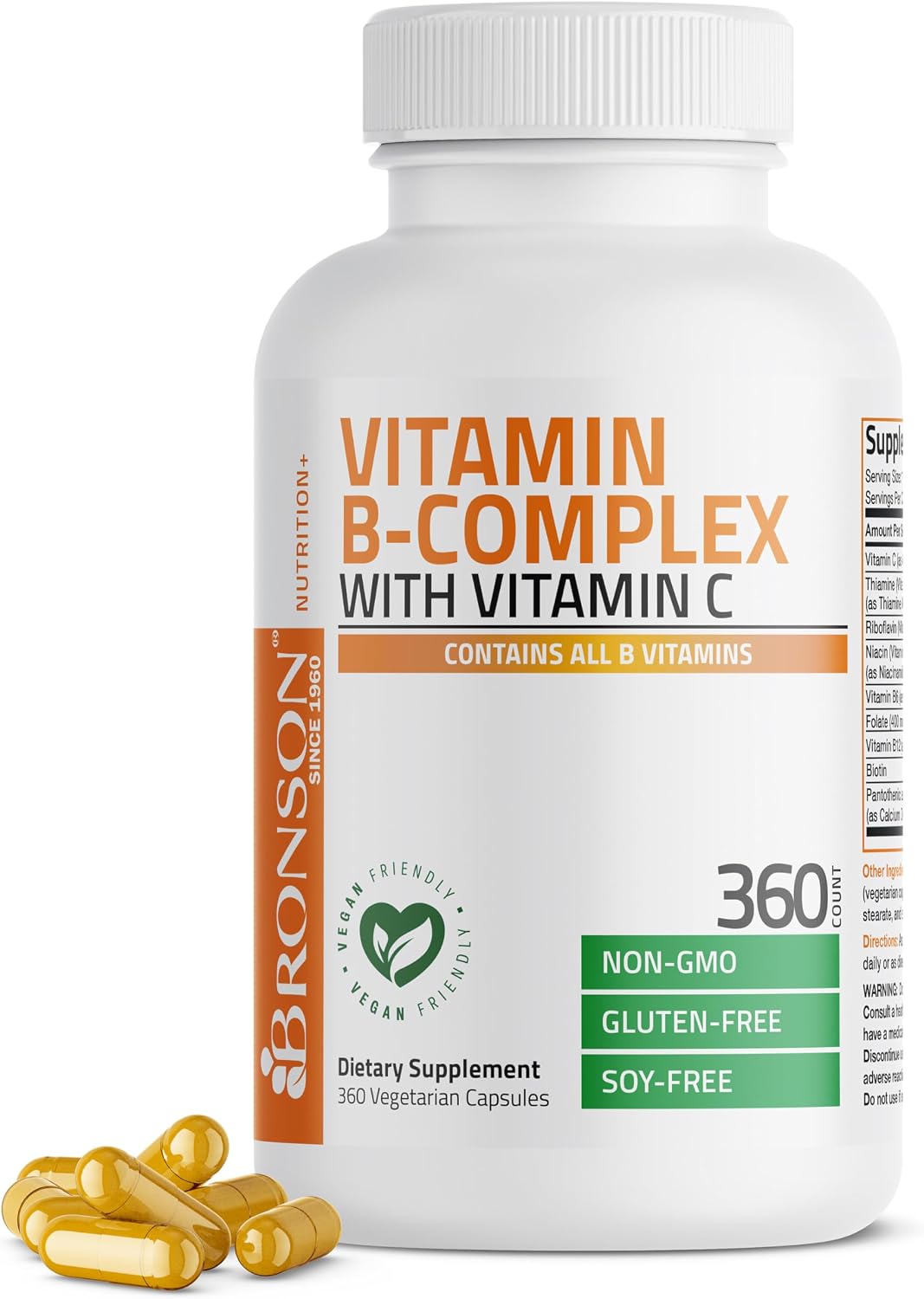 Bronson Complejo B con Vitamina C - 360 Cápsulas Vegetarianas | Apoyo Energético e Inmunitario