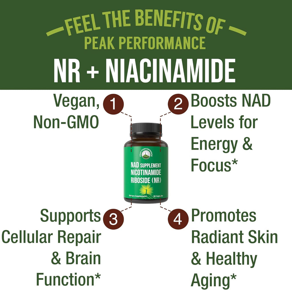 Peak Performance Nicotinamida Ribósido NR Cápsulas - Alternativa NMN con Niacinamida para Niveles de NAD+