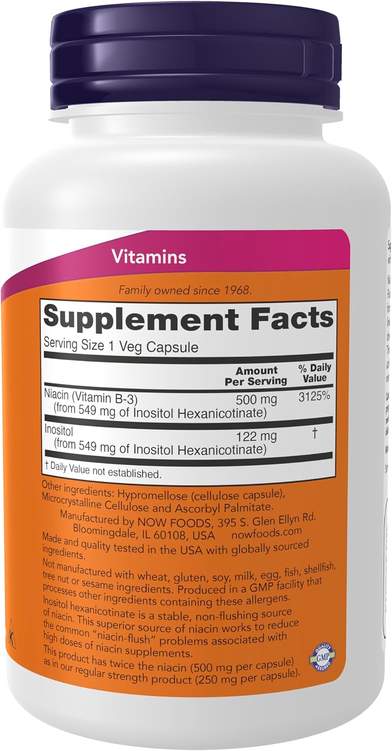 NOW Foods Niacin (Vitamina B3) 500 mg Flush-Free - 90 Cápsulas Vegetales