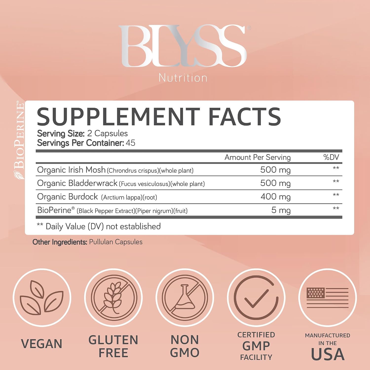 BLYSS Nutrition Musgo Marino Irlandés Orgánico con Bardana y Fucus - 60 Cápsulas Veganas