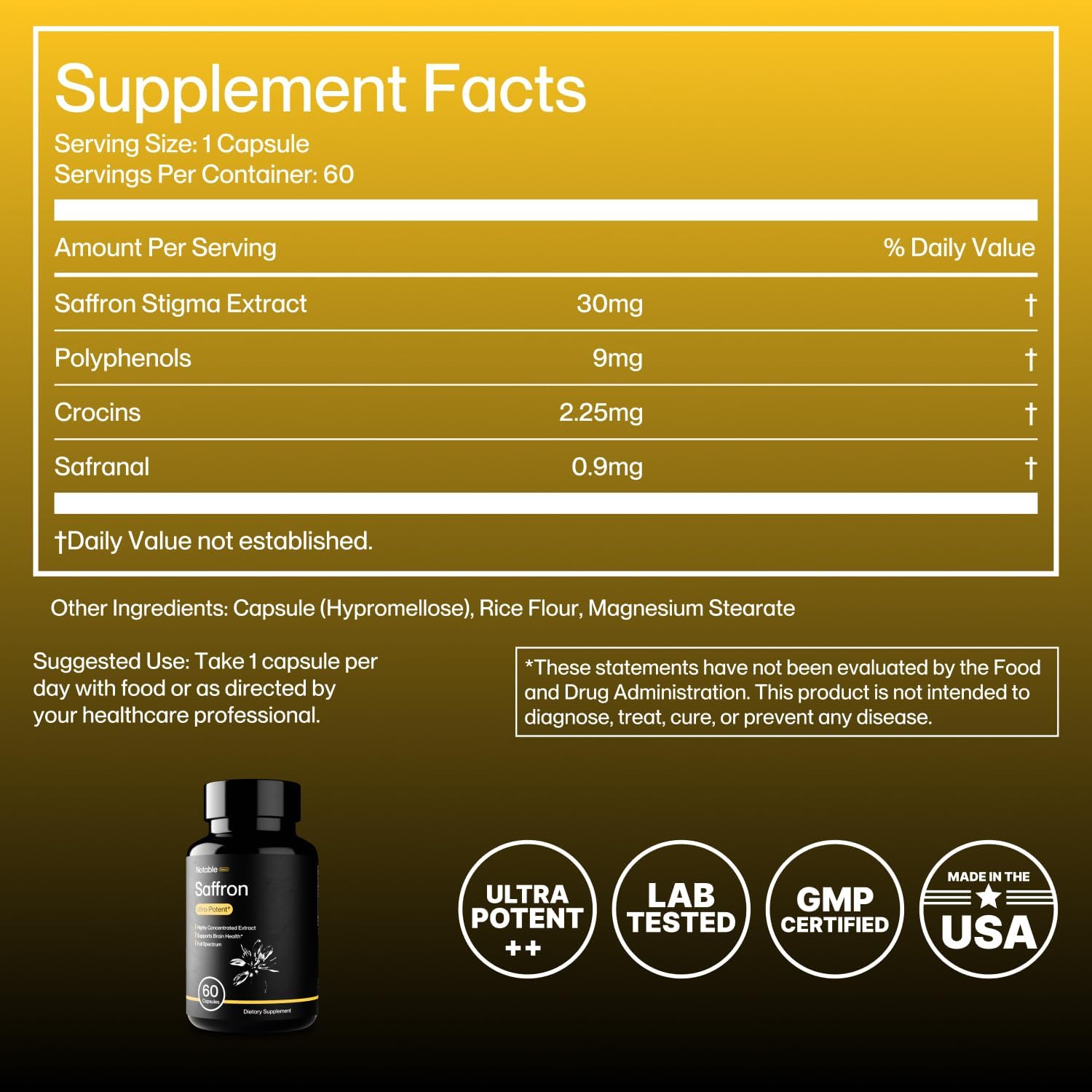 Notable Extracto de Azafrán Ultrapotente – 30 mg, 60 Cápsulas