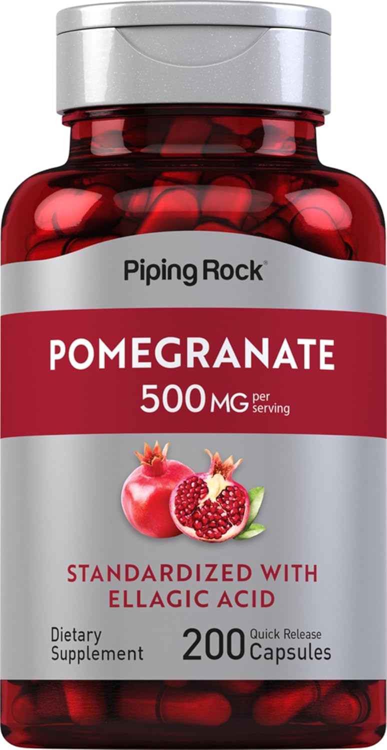 Piping Rock Cápsulas de Extracto de Granada | 500 mg | 200 Unidades | Fórmula Estandarizada con Ácido Elágico | Suplemento No Transgénico y Sin Gluten
