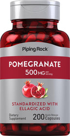 Piping Rock Cápsulas de Extracto de Granada | 500 mg | 200 Unidades | Fórmula Estandarizada con Ácido Elágico | Suplemento No Transgénico y Sin Gluten