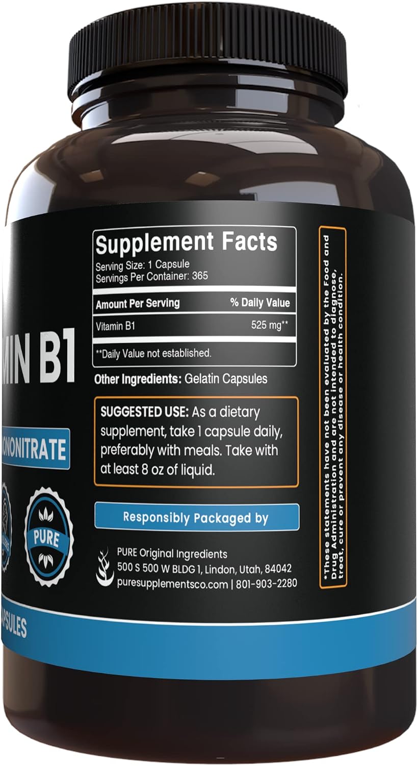 PURE ORIGINAL INGREDIENTS Vitamina B1 (Tiamina Mononitrato) 365 Cápsulas