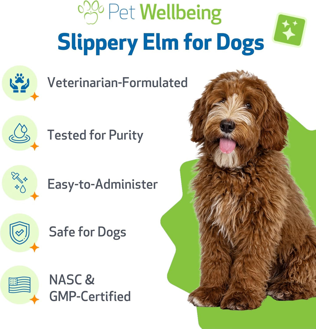 Pet Wellbeing Olmo Resbaladizo para Perros - Suplemento Digestivo y de Garganta - Extracto Orgánico de Hierba Única - Fórmula Líquida 59 ml