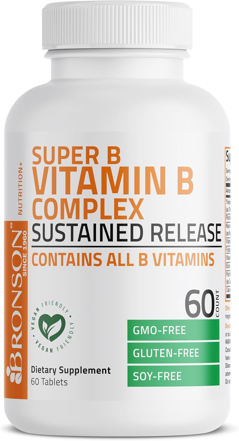 Bronson Super B Complejo B de Vitaminas con Liberación Sostenida (Vitamina B1, B2, B3, B6, B9 - Ácido Fólico, B12) Contiene Todas las Vitaminas B, 60 Comprimidos