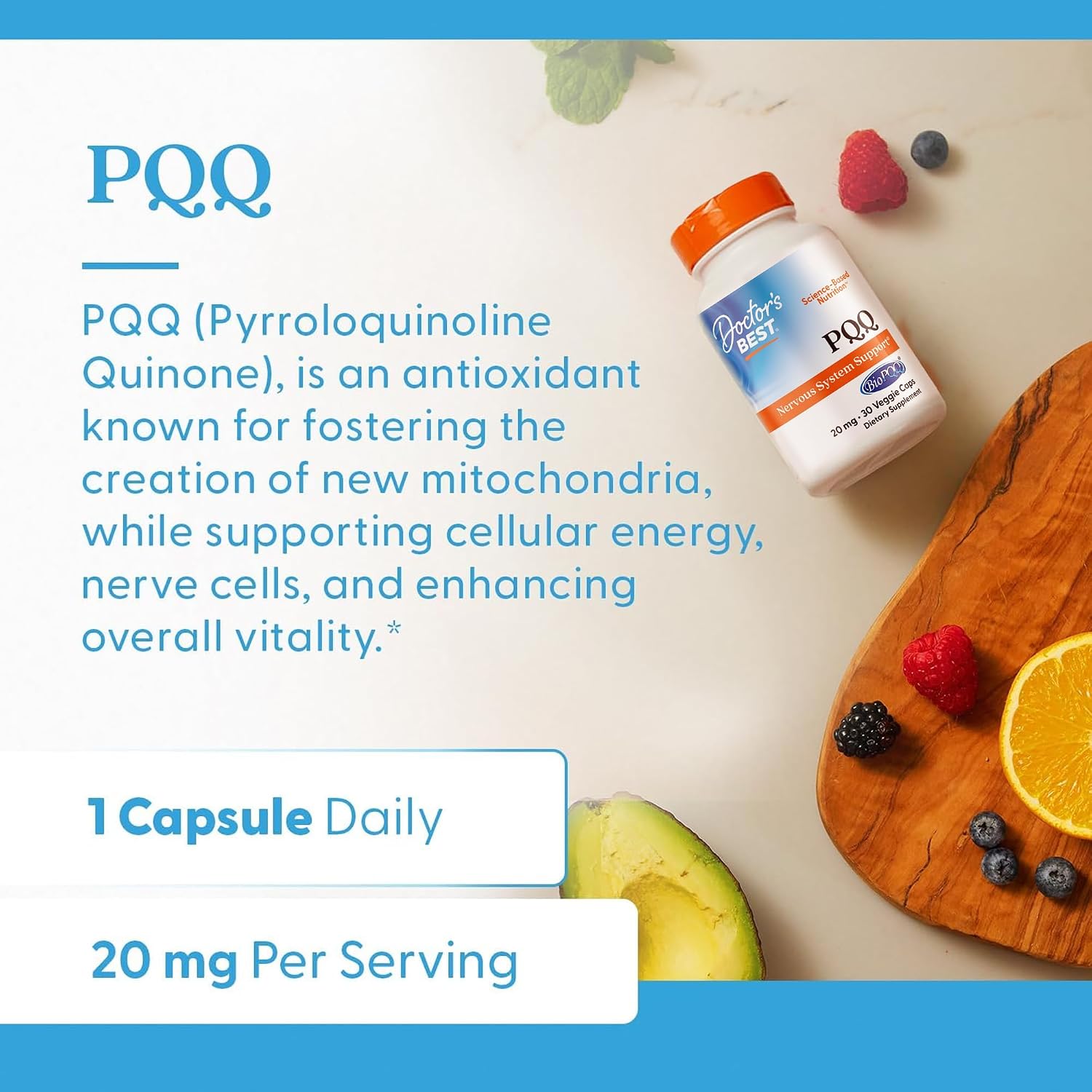 Doctor's Best PQQ con BioPQQ 20 mg - Pirroloquinolina Quinona para la salud cerebral y la energía mitocondrial - 30 cápsulas vegetales