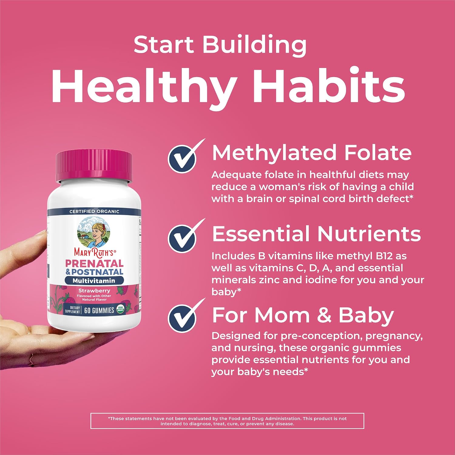 MaryRuth's Organics Vitaminas Prenatales Orgánicas - Gominolas con Metilfolato 800 mcg, Yodo, Vegano - 30 Servicios