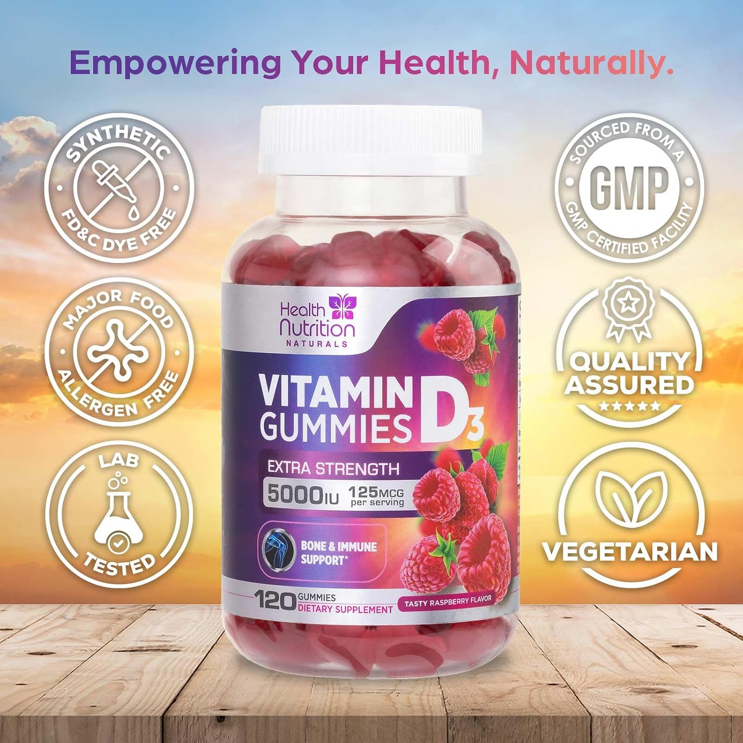Vitamin D3 Gummies 5000 IU - 120 Gominolas de Vitamina D3 con Sabor a Frambuesa