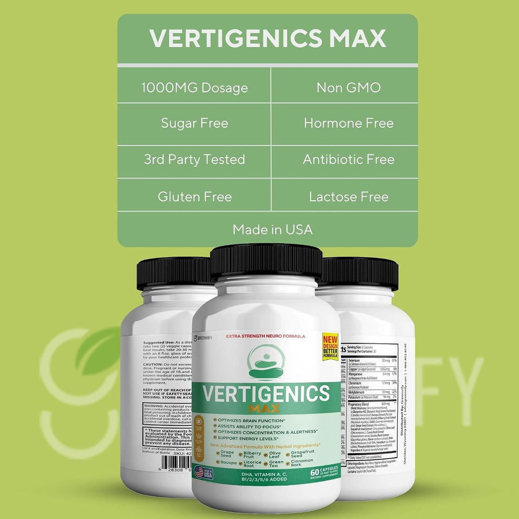 Vertigenics Max – Suplemento para el Cerebro y Enfoque – Fórmula Neuro Extra Fuerte con Vitaminas, Minerales y Mezcla de Hierbas – Apoya Claridad, Alerta y Energía – 60 Cápsulas