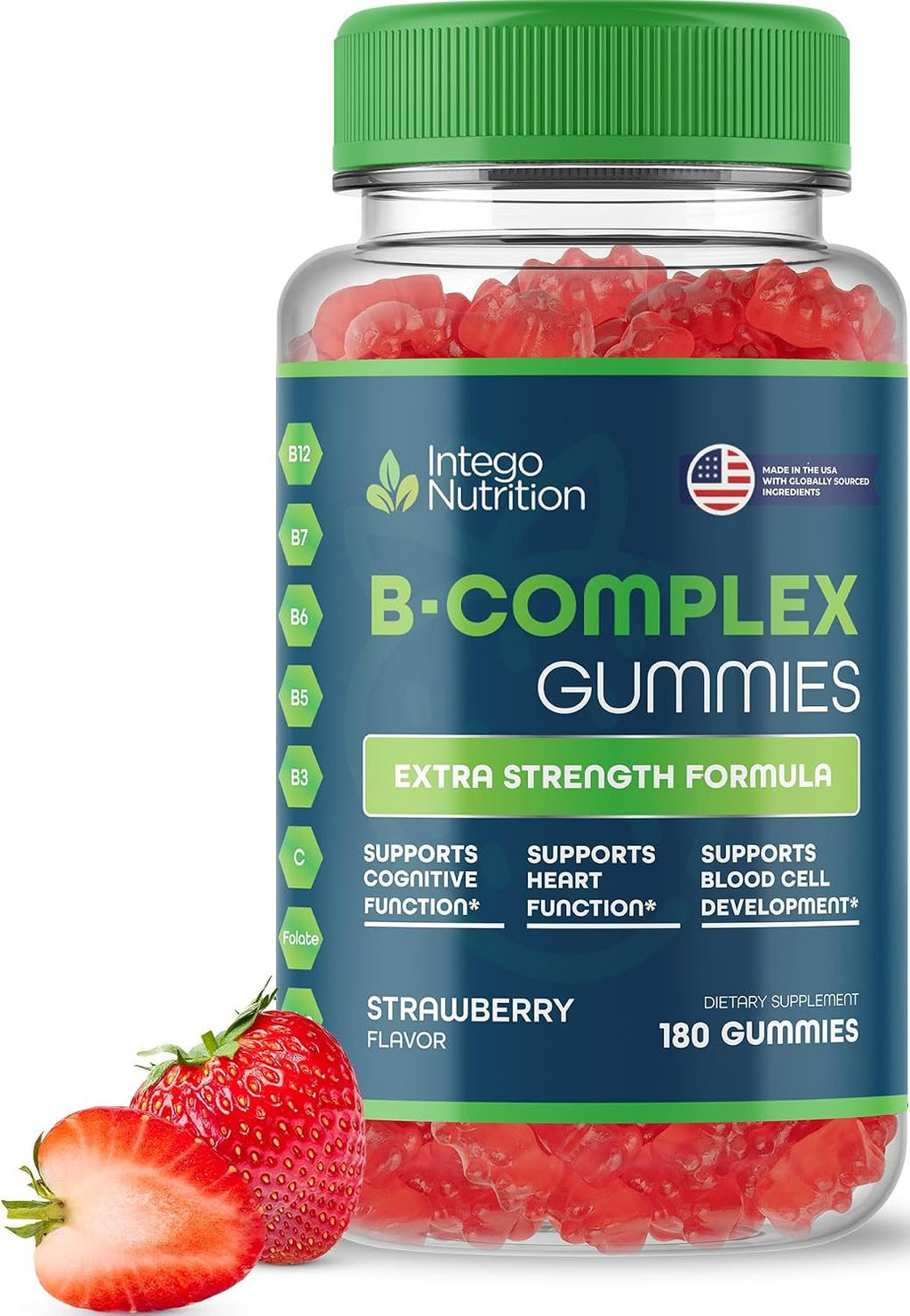 INTEGO NUTRITION Vitamin B Complex Gummies for Adults, B Complex Vitamin Supplement for Women and Men, B Vitamins Complex Gummies for Energy and Brain Health, Natural Strawberry Flavor, 60 Count