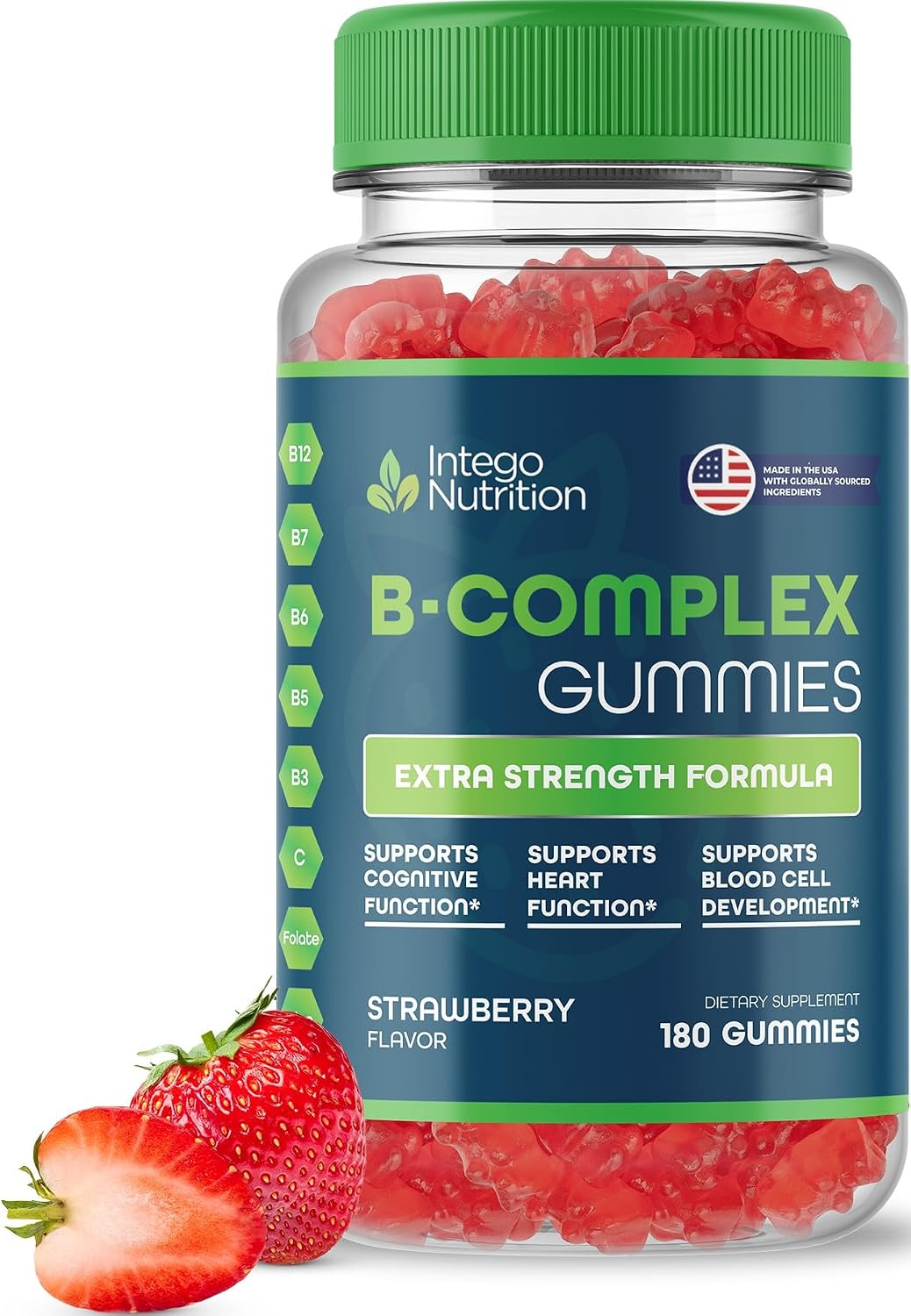 INTEGO NUTRITION Vitamin B Complex Gummies for Adults, B Complex Vitamin Supplement for Women and Men, B Vitamins Complex Gummies for Energy and Brain Health, Natural Strawberry Flavor, 60 Count
