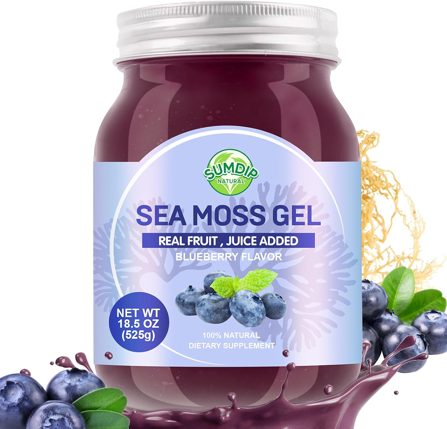 SumDIP Sea Moss Gel de Arándanos Azules - 18.5oz (524g) - Suplemento Natural de Vitaminas y Minerales