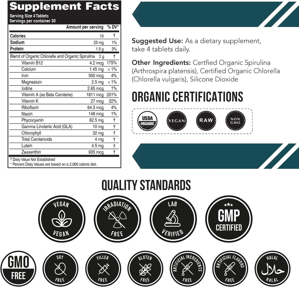 Triquetra Health Comprimidos ecológicos de espirulina y clorela – 120 Comprimidos