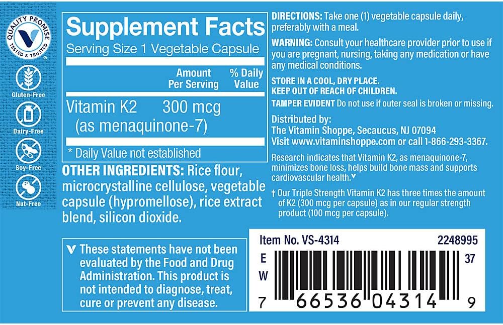 The Vitamin Shoppe Vitamina K2 MK-7 300mcg Triple Potencia - Salud Ósea y Cardiovascular | Menaquinona-7 | 60 Cápsulas Vegetales